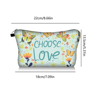 Detailed size chart showing dimensions of the light blue butterfly print makeup pouch
