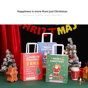 Three colorful Christmas gift bags featuring festive illustrations and sturdy paper handles