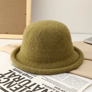 Olive green knit bucket hat with rolled brim, vintage style winter warm fisherman cap