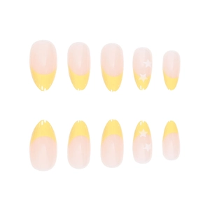 French yellow heart and star press-on nails set with oval shape and glossy finish