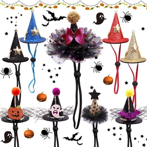 Halloween Pet Wizard Hat With Adjustable Strap Sequin Mesh Pumpkin Ghost Bat Headgear For Cats And Small Dogs Party Decoration