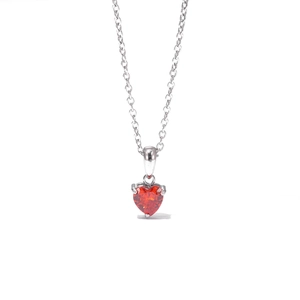 Elegant heart-shaped red gemstone pendant necklace with silver O-chain on white background