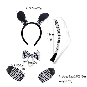 Detail of five-piece zebra animal costume set with headband, bowtie, tail and wrist cuffs