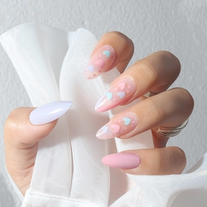 Press On Nails Almond Shape Pink Lavender Hearts Dots Pattern Glossy Full Cover Wearable French Style Fake Nails