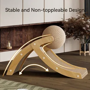 Vertical cat scratcher with sisal ball and corrugated paper on a wooden rocking base