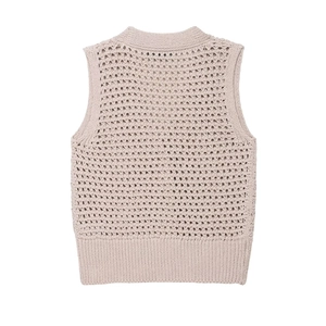 Women's vintage loose crochet knit vest in light beige oatmeal with hollow pattern