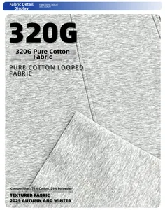Macro shot of 320G grey cotton-poly blend looped fabric texture for autumn casual pants