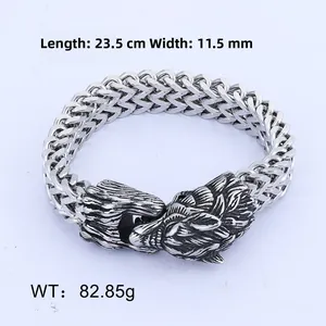 Detailed view of Viking wolf head bracelet with 23.5cm length and 11.5mm width specs