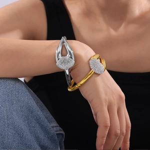Chic chunky titanium steel cuff bracelet with sparkling zircon stones for women