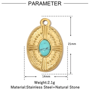Detail view of oval stainless steel pendant with green stone and embossed eye star motif