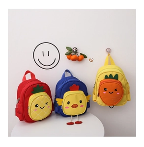 Three cute cartoon fruit character backpacks for kids made of lightweight canvas fabric