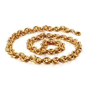 Polished gold stainless steel O-chain necklace in a coiled spiral on white background