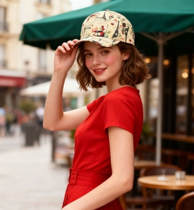 Dettaglio del cappello da baseball vintage con stampa Torre Eiffel indossato dal modello