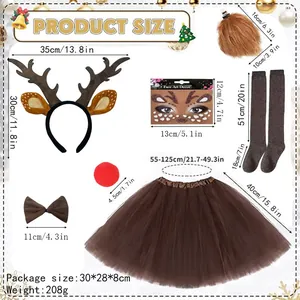 Size chart showing reindeer antler headband, brown tutu, and socks for Christmas costume