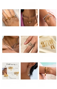 Collage of paperclip jewelry including stainless steel rings, necklaces and bracelets
