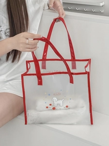 Minimalist transparent PVC tote bag with red trim and cute cartoon dog printing