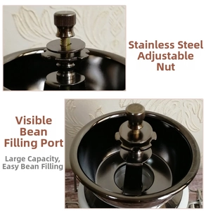 Detail of manual coffee grinder showing stainless steel nut and large hopper inlet