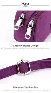 Close-up of durable purple nylon fabric with smooth dual silver zippers and adjustable strap