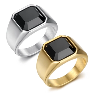 Minimalist Stainless Steel Men's Signet Ring Square Black Rhinestone Inlaid Vintage INS Style Gold Silver Black Finger Jewelry