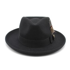 Detail of black fedora with decorative mixed-color feather and vintage gold emblem