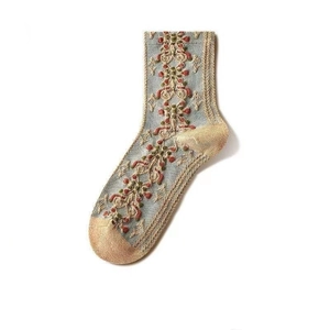 Vintage floral knit mid-calf socks for women featuring 3D embossed patterns on light blue