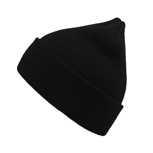Classic black rib-knit beanie hat featuring a warm fold-over cuff for winter comfort