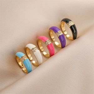 Bague Ouverte Émail Coloré Plaqué Or Cuivre Cœur Zircon Réglable Bijoux Mode Cadeau Femme