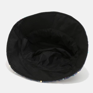 Black reversible bucket hat featuring colorful sequins and wide brim for sun protection