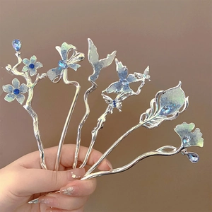 Épingles à cheveux chinoises traditionnelles en argent avec papillons en cristal bleu
