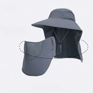 Dark grey wide brim sun hat with neck flap and breathable face mask for outdoor hiking