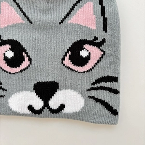 Gray Halloween cartoon cat jacquard knitted beanie for girls with cute pom-pom and ears