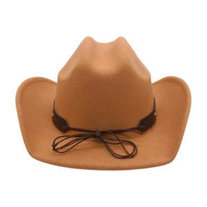 Detailed view of brown felt cowboy hat with classic pinched crown and decorative band