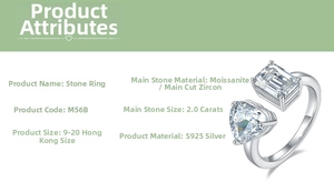 Detailed size chart for S925 silver ring featuring 2ct emerald and heart cut stones
