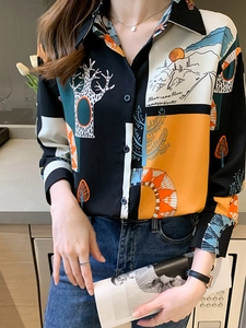 Chemisier femme vintage à imprimé artistique, chemise à manches longues et motifs soleil
