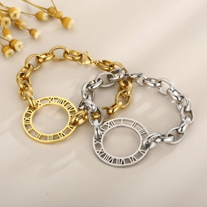 Hip hop style gold and silver stainless steel chain bracelets with Roman numeral ring charms