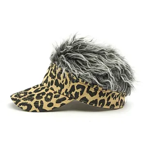 Funny leopard print baseball cap with fluffy grey synthetic hair wig top for men and women