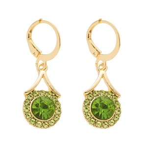 Vintage gold hoop earrings with green faceted gemstone and halo diamonds on white background