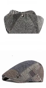 Detail of adjustable metal buckle and navy patchwork tweed fabric on flat cap