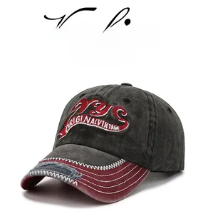 Detailed view of the vintage washed canvas baseball cap with NYC embroidery and distressed brim
