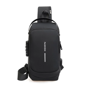 Men's large capacity crossbody chest bag with anti-theft lock and USB port in black