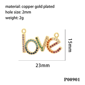 Detail of 18K gold plated copper 'love' pendant with dimensions and weight specs