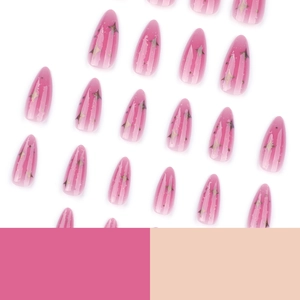 Unghie finte a mandorla rosa con motivi a stelle e finitura sfumata glitterata