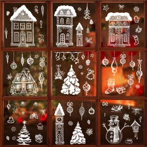 Christmas Window Stickers Static Cling White Hand Drawn Snow House Tree Snowman Glass Decals Holiday Decoration