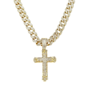 Hiphop gold Cuban chain necklace with iced out crystal cross pendant for men