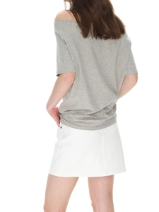 Minimalist grey off-the-shoulder short sleeve T-shirt with a loose fit back view