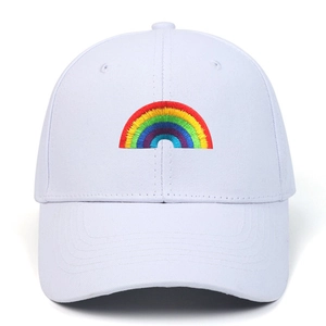 Classic white cotton baseball cap featuring a vibrant semi-circle rainbow embroidery on front