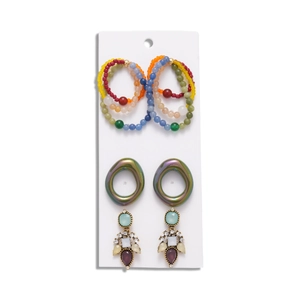 Set of 6 ethnic style earrings with colorful rhinestones and glass beads on white card