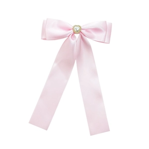 Pince à cheveux noeud satin rose avec perle coeur et longs rubans élégants