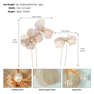 Detailed size and material specs for gold wire flower hairpins with pearls and crystal