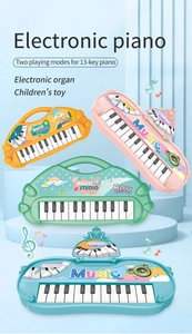 Detail showing 13-key electronic piano toys in four colors with musical note accents